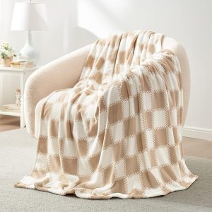 Beige Checkered Throw Blanket Ultra Soft Warm Fleece Blanket Checkerboard Grid Plush Blanket for Couch Bed Sofa