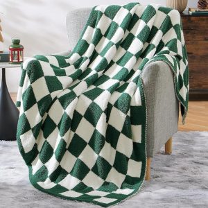 Checkered Throw Blanket. Avocado Green Soft Cozy Fluffy Warm Hand Made Throw Blankets for Couch. Sofa. Chair. Bed. Camping. Picnic. Travel Lightweight Bed Blanket