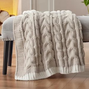 Cable Knit Throw Blanket for Couch Bed – Chenille Chunky Knit Throw Blanket for Winter and All Seasons. Soft Cozy and Warm