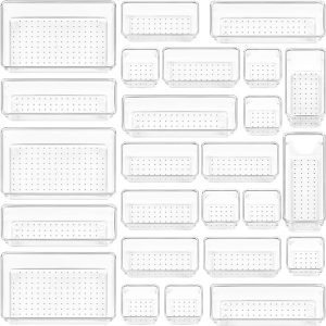 25 PCS Plastic Drawer Organizers Set. 4-Size Versatile Bathroom and Vanity Drawer Organizer Trays. Storage Bins for Makeup. Bedroom. Kitchen Gadgets Utensils and Office
