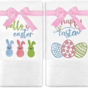 2Pcs Easter Hand Towels Cotton Embroidered Colorful Eggs Bunny Bathroom Towel with Pink Ribbon Spring Rabbit Dish Towel for Hand Drying Cleaning Cooking Gift