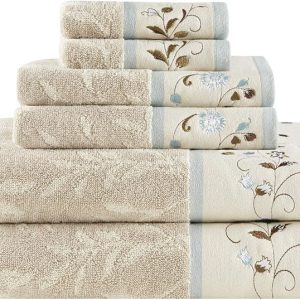 100% Cotton Bath Towel Set Luxurious Floral Decorative Towels for Bathroom Embroidered Cotton Jacquard Design Soft Highly Absorbent for Shower 600 GSM. Multi-Sizes. 6 Piece