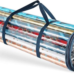 Wrapping Paper Storage Container – Clear Wrapping Paper Holder Fits Up To 14 Rolls of 40″ – Tear Proof Gift Wrapping Organizer Storage – Premium Christmas Storage Bag For Easy Carrying
