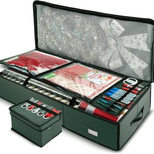 Wrapping Paper Storage Container with Ribbon Storage Organizer – Christmas Storage Bag with Extra Interior Pockets – Gift Wrapping Organizer Storage Fits Up to 26 Rolls of 40″ Length