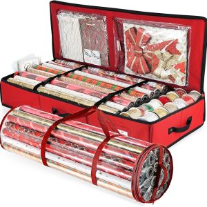 Wrapping Paper Storage Container – Christmas Storage Bag with Interior Pockets – Gift Wrapping Organizer Storage Fits Up to 36 Rolls of 40″ – Tear Proof Wrapping Paper Organizer