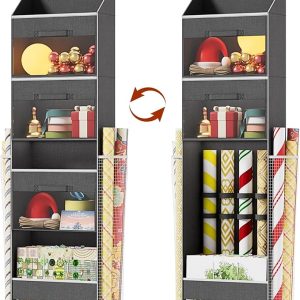 Over Door Wrapping Paper Organizer Storage with 3 Removable Drawers & Side Pockets – Dual Use Design with Elastic Straps – Christmas Gift Wrap Storage for Ribbons. Bows. Ornament and Other Tools