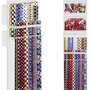 Paper Organizer Storage. Double-Sided Hanging Gift Wrap Roll Holder for Christmas. 63″x13″ Over Door Present Bag Container for Room Closet. White Wrapper Station for Birthday