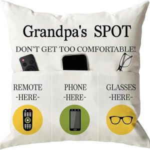 Grandpa Gifts.Grandpa's Spot Throw Pillow Covers 18×18 Inch.Put Phone Glasses and Remote Control Pillowcase.Birthday Christmas Thanksgiving Day Gifts for Grandpa Stepdad.2 & 3 pockets
