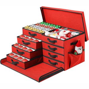 Christmas Ornament Storage Box. Stackable Organizer with Lid and Pockets. Side Open. 8 Trays. 128-3″ Holiday Ornament Container with Removable Trays and Adjustable Dividers