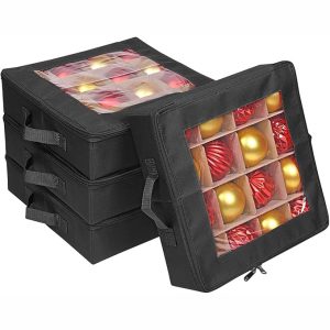4 Pcs Christmas Ornament Storage Boxes with Dividers | 4 Individual Trays Hold 64 Holiday Decoration Balls | Durable Ornaments Organizer Storage Box | Zippered Closure with Handles