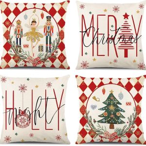 Merry Christmas Joy Xmas Trees Red Throw Pillow Covers. Christmas Winter Holiday Cushion Case Decoration for Sofa Couch Set of 4