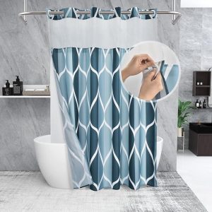 No Hook Aegean Blue Shower Curtain with Snap in Fabric Liner Set – Hotel Style with See Through Mesh Top Window. Modern Geometric Waterdrop Design.Waterproof and Washable