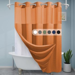Burnt Orange No Hook Shower Curtain with Snap in Liner.230GSM Waffle Weave Shower Curtains for Bathroom