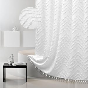 Boho Shower Curtain White Tassel Woven Fabric Shower Curtain Modern Farmhouse Textured Tufted Chevron Striped Minimalist Bathroom Hotel