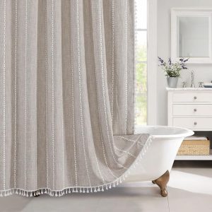 Boho Farmhouse Fabric Shower Curtain. Tan Brown Modern Cotton Linen Shower Curtains for Vintage Country Bathroom Decor. Tassel Weighted & Thick Waterproof Cloth. Taupe