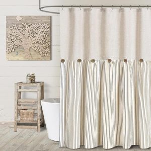 Linen Button Farmhouse Beige Shower Curtain.Linen and Cotton Woven Fabric.Pleated Brown Stripe