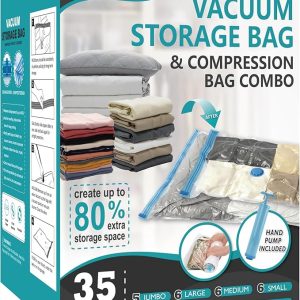 with Hand Pump Vacuum Storage Bags Set. Compression Storage Bags for Comforters and Blankets. Vacuum Sealer Bags for Clothes Storage