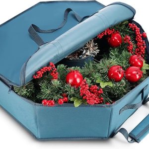 Wreath Storage Container – Hard Shell Christmas Wreath Storage Bag with Interior Pockets. Dual Zipper and Handles -Premium Wreath Storage Organizer Box